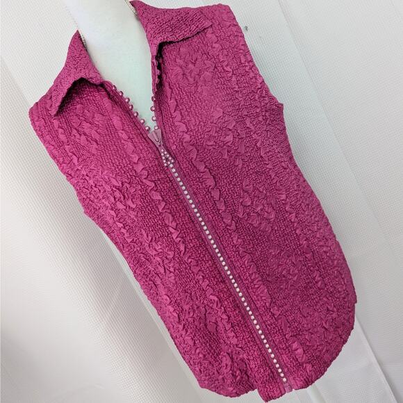 NWOT! MAGIC! FUSCHIA PINK "CRUMPLED" TEXTURE, RHINESTONE ZIPPER VEST! SZ L - Picture 1 of 9